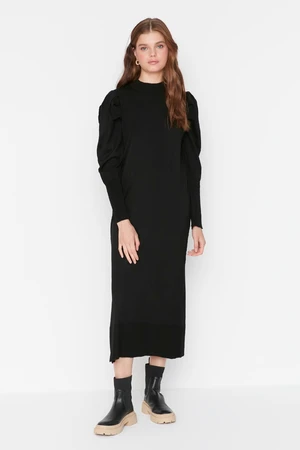 Trendyol Black Crew Neck Sweater Dress With Pleated Shoulders