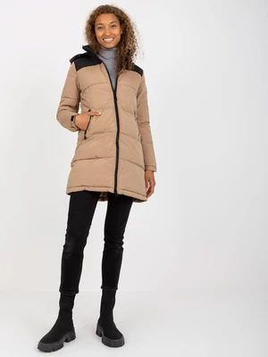 Winter camel and black quilted down jacket