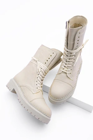 Marjin Women's Genuine Leather Boots Boots with Lace-Up Zipper, Serrated Sole Mascara Daily Boots Vicose Beige.