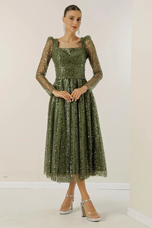 By Saygı Square Neck Long Sleeves Lined Sequins Beaded Dress