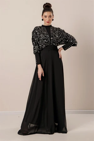 By Saygı Bat Sleeve Sequined Gilded Lined Chiffon Hijab Dress Black