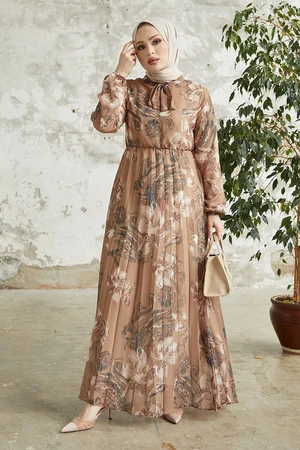 InStyle Serena Floral Pattern Pleated Chiffon Hijab Dress - Earth