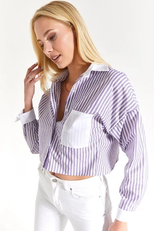 armonika Women's Lilac Back Detailed Striped Crop Shirt