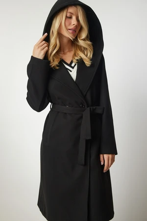 Happiness İstanbul Women's Black Hooded Belted Stamped Coat