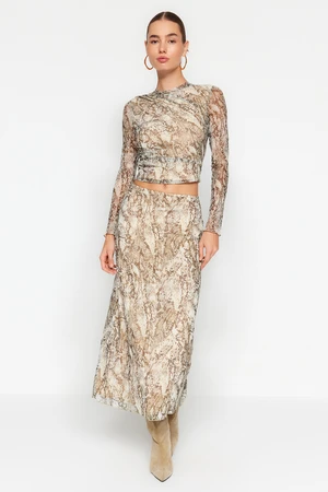 Trendyol Khaki Patterned Draped Tulle Knitted Skirt