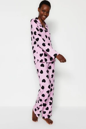 Trendyol Pink Heart Viscose Shirt-Pants Woven Pajamas Set