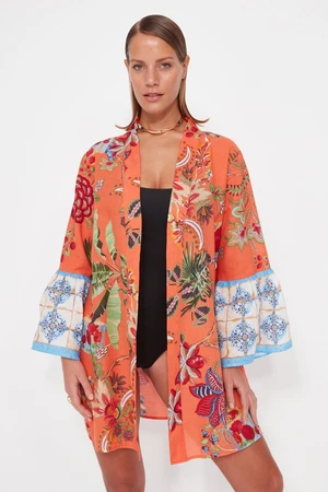 Trendyol Floral Pattern Belted Mini-Weave 100% Cotton Kimono & Caftan