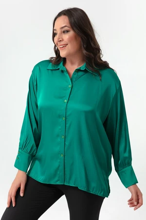 Lafaba Women's Emerald Green Plus Size Satin Shirt