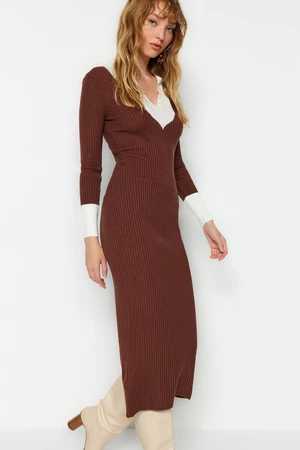 Trendyol Brown Midi Knitwear Color Block Dress