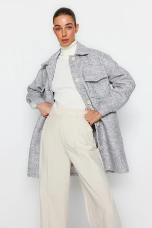 Trendyol Gray Oversize, Wide Cut, Pocket Detailed Boucle Coat