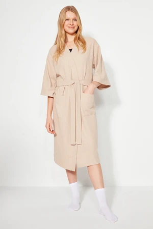 Trendyol Stone Cotton Textured Belted Knitted Dressing Gown