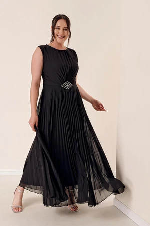 By Saygı Buckled Waist, Pleats and Lined Uniforms. Chiffon Long Dress Black