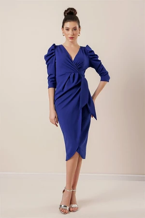 By Saygı Knitted Crepe Wrapped Dress with Pleated Sleeves and Ruffles in the Front.