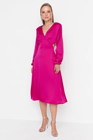 Trendyol Fuchsia V-Neck Satin Evening Dress