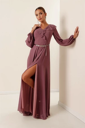 By Saygı Lilac Chiffon Long Dress with Flounce Balloon Sleeves and Belt