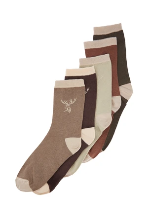 Trendyol Men's Multicolored Cotton 5-Pack Deer Patterned Crewneck Socks.