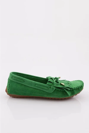 DGN Women's Tassel Detailed Loafer Shoes Green Suede Genuine Leather