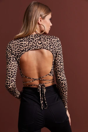 Cool & Sexy Women's Camel Decollete Leopard Patterned Crop Blouse