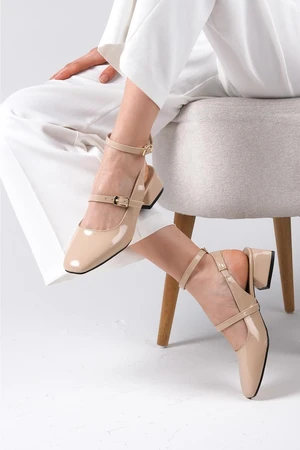 Mio Gusto Audrey Nude Patent Leather Open Back Short Heel Women's Shoes