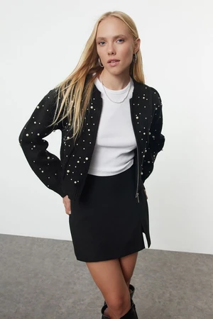 Trendyol Black Soft Textured Zippered Stone Embroidered Jacket-Look Knitwear Cardigan