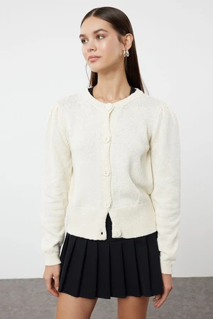 Trendyol Ecru Cotton Crew Neck Jacket Look Knitwear Cardigan