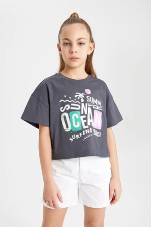 DEFACTO Girls Boxy Fit Crew Neck Printed Short Sleeve T-Shirt