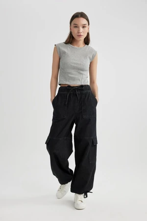 DEFACTO Cargo Jogger High Waist Lace-Up Ankle Length Jean Washed Trousers