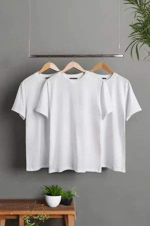 Trendyol White 3-Pack Black Slim/Slim Cut Crew Neck Basic 100% Cotton T-Shirt