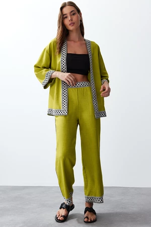 Trendyol olejově zelené vyšívané kimono kalhoty tkaný spodní-horní set