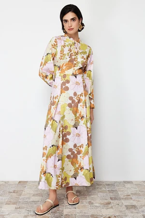 Trendyol Yellow Floral Patterned Flared Skirt Cotton Woven Dress