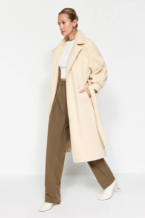 Trendyol Oversized Ecru Oversized Wide-Cut Belted Balloon Sleeve Detail Long Stamped Coat