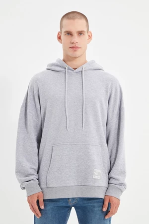 Trendyol Basic Gray Oversize/Wide Cut Hooded Labeled Fleece Inside Cotton Sweatshirt
