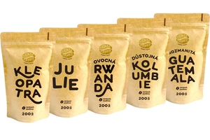 Káva Zlaté Zrnko - Poznej 5 káv na pestré espresso 1000g (Kleopatra, Julie, Rwanda, Kolumbie, Guatemala) MLETÁ: Mletí na domácí espresso kávovar a zal