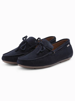 Ombre Men's leather moccasin shoes with thong and driver sole - navy blue