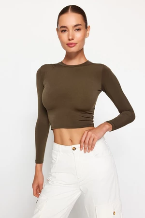 Trendyol Khaki High Collar Fitted Long Sleeve Gathered Stretchy Knitted Blouse