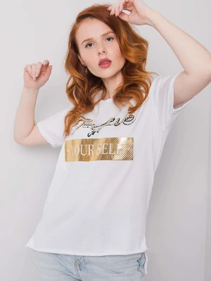 White women's T-shirt with Evelyn patch