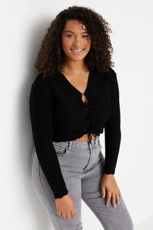 Trendyol Curve Black V-Neck with Openwork Smocking Detailed Fine-knit Knitwear Cardigan