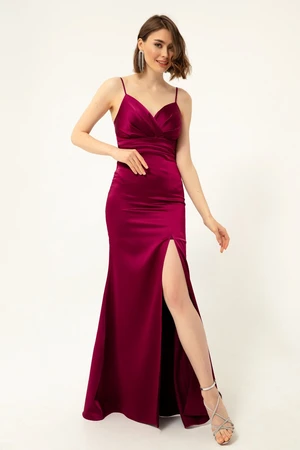 Lafaba Women's Plum Halter Slit Long Satin Evening Dress & Prom Dress