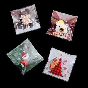 100pcs 10x10cm Cookie Packaging Self-adhesive Plastic Bags Merry Christmas Gifts Bags For Biscuits Candy Food Cake Package Party