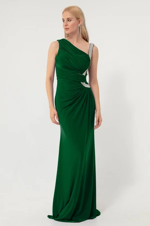 Lafaba Women's Emerald Green Long Evening Dress with Stone Straps