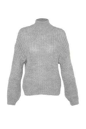 Trendyol Gray Wide Fit Soft Textured Basic Collar Knitwear Sweater