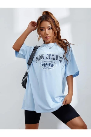 Know Women's Palm Springs Baby Blue Oversized Printed T-Shirt.