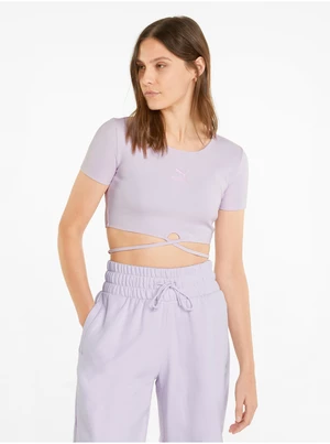 Light Purple Women's Ribbed Cropped T-Shirt with Puma Ties