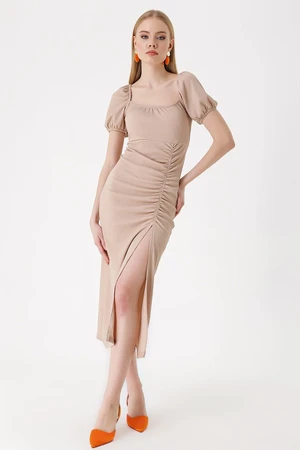 Bigdart 2396 Slit Summer Knitted Dress - Biscuit