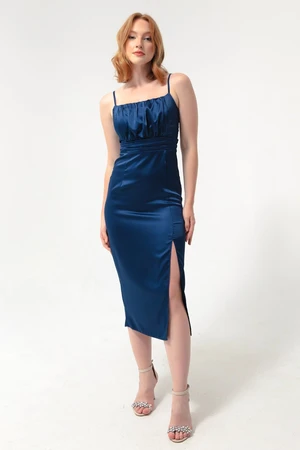 Lafaba Women's Navy Blue Satin Evening Dress with Slits.