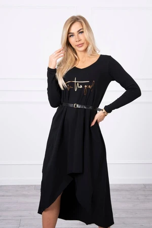 Dress with decorative belt and black inscription