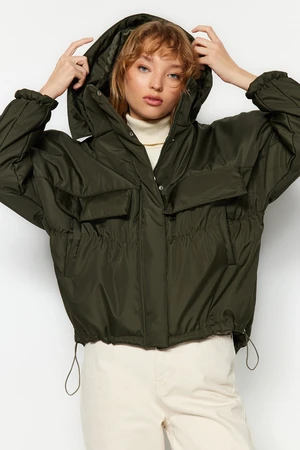 Trendyol Khaki Oversized Hooded Waterproof Kangaroo Quilted Coat