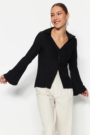 Trendyol Black Knitted Flare/Spanish Sleeve Shirt with Pleats and Buttons