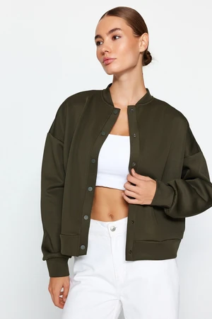 Trendyol Khaki Knitted Scuba Jacket with Pockets and Snap Buttons