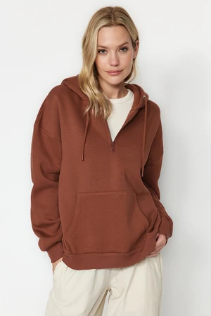 Trendyol Light Brown Thick Fleece Hooded Zippered Basic Oversized Knitted Sweatshirt